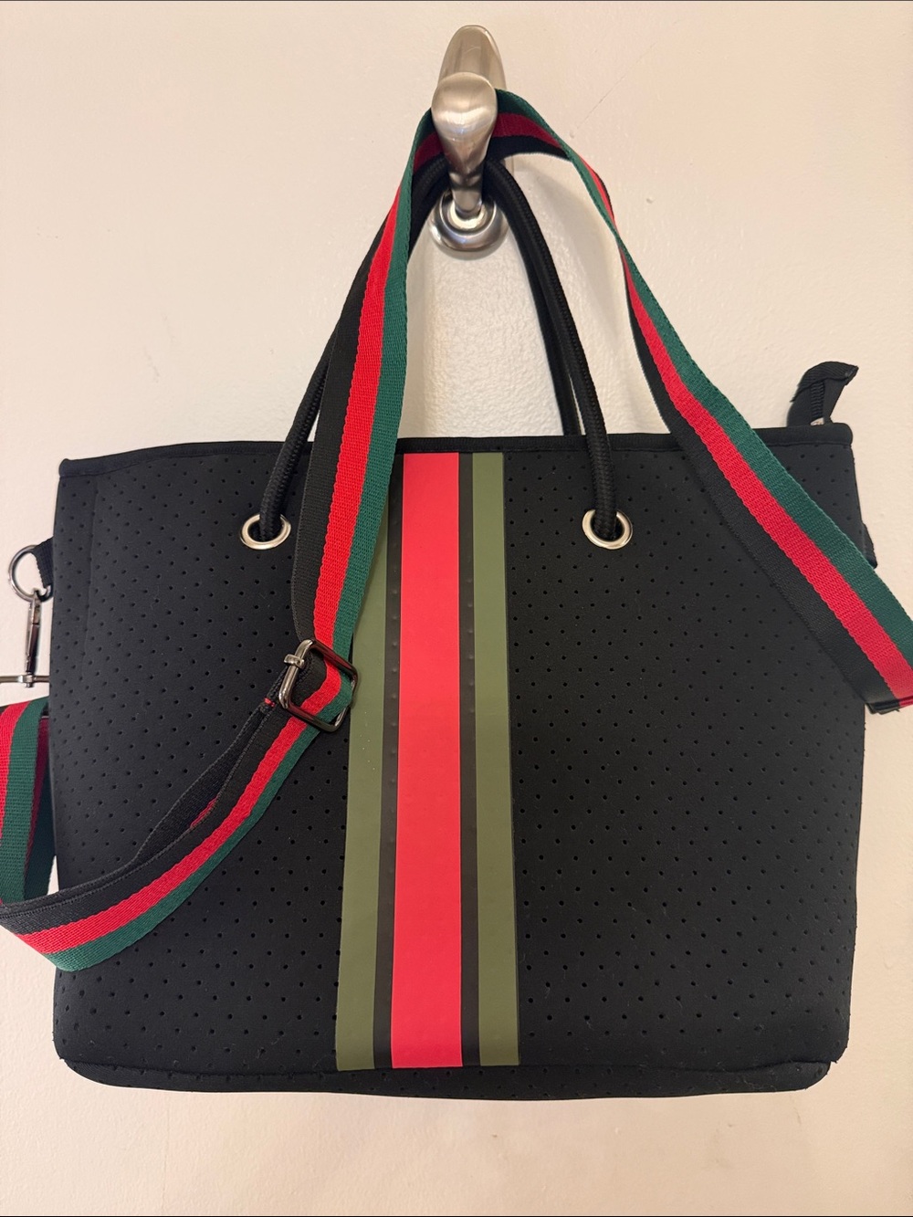 Black Tote with Red and Green Center Stripe